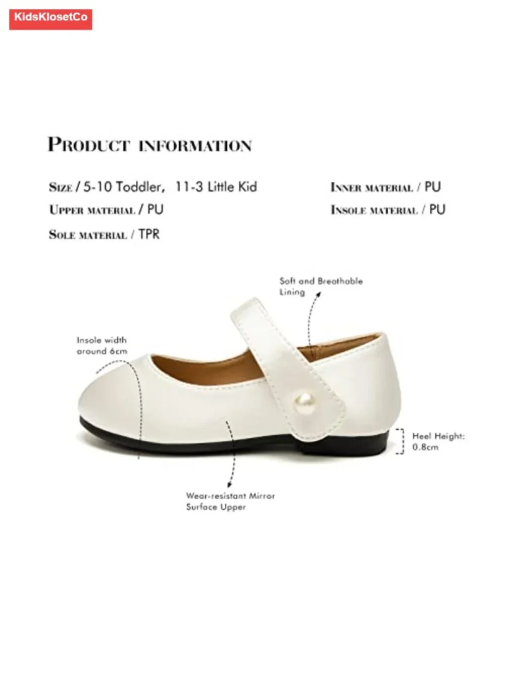 Toddler Girls Mary Jane Flats Dress Shoes with Pearl Strap, Soft TPR Sole